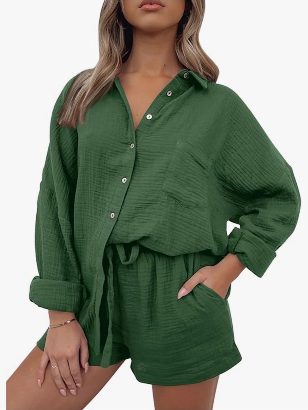 Two-Piece Lightweight Button-Up Set in Forest Green